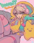  1girl absurdres apex_legends bangs blue_eyes blue_jacket bodysuit breasts eyebrows_visible_through_hair highres hood hooded_jacket jacket kabiyapyo kawaii_voltage_wattson large_breasts lightning_bolt_symbol open_mouth pink_bodysuit pink_headwear scar scar_on_cheek scar_on_face sitting solo star_(symbol) sweater twitter_username wattson_(apex_legends) yellow_sweater 