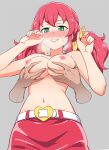  1girl aikatsu!_(series) aikatsu_friends! asuka_mirai_(aikatsu_friends!) bangs belt blush breast_grab breasts breasts_apart grabbing green_eyes heart hetero large_breasts long_hair navel nipples red_hair sidelocks smile solo_focus sweatdrop topless twintails yoban 