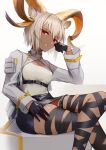  1girl animal_ears arknights bangs black_gloves black_ribbon black_skirt breasts carnelian_(arknights) commentary_request crossed_legs dark_skin feet_out_of_frame gloves grey_jacket grin half_gloves hand_up highres horns infection_monitor_(arknights) jacket leg_ribbon lodbyy looking_at_viewer medium_breasts miniskirt open_clothes open_jacket pencil_skirt red_eyes ribbon shirt short_hair silver_hair simple_background sitting skirt smile solo thighs white_background white_shirt 