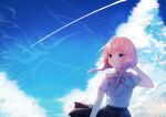  blue_eyes blush bow braids clouds headphones kaf mafuyu_(chibi21) petals pink_hair ribbons school_uniform shirt short_hair skirt sky twintails virtual_kaf 