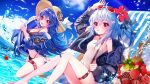  2girls animal baocaizi bikini bili_bili_douga bili_girl_22 bili_girl_33 bird blue_hair blush clouds flowers food fruit gray_hair hat navel red_eyes sky strawberry sunglasses swimsuit water 