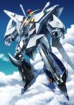  absurdres airborne cloud cloudy_sky commentary full_body glowing glowing_eyes green_eyes gundam gundam_hathaway&#039;s_flash highres huge_filesize mecha mobile_suit moyashi_(karamisouma) no_humans open_hands science_fiction sky solo v-fin xi_gundam 