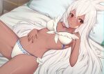  1girl :o bare_arms bare_shoulders bed_sheet bikini blush breasts breasts_apart commentary_request dark-skinned_female dark_skin granblue_fantasy long_hair looking_at_viewer lying medium_breasts navel on_back on_bed parted_lips pillow red_eyes ribbon side-tie_bikini silver_hair solo spread_navel stomach straight_hair swimsuit uneg very_long_hair white_bikini white_ribbon zooey_(granblue_fantasy) 