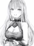  1girl bangs bare_shoulders blunt_bangs bracer breasts cleavage cleavage_cutout clothing_cutout crown crown_removed fingernails greyscale highres holding holding_crown hololive hololive_english large_breasts long_hair looking_at_viewer monochrome mori_calliope nanashi_(nlo) simple_background smile solo upper_body white_background 
