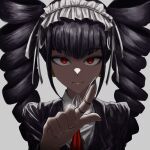  1girl absurdres bangs black_hair black_jacket blunt_bangs bonnet bubi_(bin1886) celestia_ludenberg closed_mouth commentary_request danganronpa:_trigger_happy_havoc danganronpa_(series) drill_hair eyebrows_visible_through_hair gothic_lolita grey_background hair_ribbon hairband highres index_finger_raised jacket lolita_fashion lolita_hairband long_hair long_sleeves looking_at_viewer pointing pointing_at_viewer red_eyes red_neckwear ribbon shiny shiny_hair shirt simple_background smile solo twin_drills twintails upper_body white_shirt 