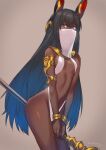  1girl animal_ears between_legs black_hair bracelet breasts dark-skinned_female dark_skin egyptian hair_between_eyes jack_hamster jewelry long_hair mouth_veil original small_breasts solo staff 