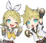  1boy 1girl aqua_eyes arm_warmers bangs bare_shoulders bass_clef black_collar black_shorts blonde_hair bow chibi collar commentary double_v grey_collar grey_shorts grey_sleeves hair_bow hair_ornament hairclip headphones headset kagamine_len kagamine_rin looking_at_viewer midriff_peek nail_polish naoko_(naonocoto) neckerchief necktie one_eye_closed open_mouth outstretched_arms sailor_collar school_uniform shirt short_hair short_ponytail short_shorts short_sleeves shorts sleeveless sleeveless_shirt smile spiked_hair swept_bangs treble_clef upper_body v vocaloid white_background white_bow white_shirt yellow_nails yellow_neckwear 