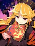  1girl arm_under_breasts bangs black_dress blonde_hair breasts chinese_clothes closed_mouth dress dutch_angle eyebrows_visible_through_hair harakune_(mugennero) headgear highres junko_(touhou) large_breasts long_hair long_sleeves looking_at_viewer multicolored_hair neck_ribbon pom_pom_(clothes) red_eyes red_tabard ribbon seductive_smile sidelocks smile smug solo space starry_background swept_bangs tabard touhou upper_body upturned_eyes wide_sleeves 