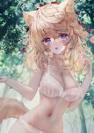  1girl animal_ear_fluff animal_ears blonde_hair blue_eyes blush bra braid breasts cat_ears cat_tail cleavage collarbone commentary_request commission final_fantasy final_fantasy_xiv forest long_hair looking_at_viewer medium_breasts miqo&#039;te nature navel outdoors panties solo standing stomach tail tandohark tree twitter_username underwear underwear_only upper_body white_bra white_panties 