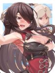  2girls areola_slip areolae armpits bangs bare_arms bare_shoulders beidou_(genshin_impact) black_gloves blurry blurry_background blush border breasts brown_hair chinese_clothes cleavage commentary_request eyepatch fingerless_gloves genshin_impact gloves hair_ornament hair_over_one_eye hair_stick hairpin jewelry large_breasts long_hair looking_at_another looking_at_viewer multiple_girls ningguang_(genshin_impact) open_mouth outside_border padoruu parted_bangs red_eyes sleeveless smile solo_focus sound_effects spread_armpit sweat symbol_commentary tassel upper_body upper_teeth white_border white_hair 