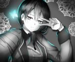  1girl alter_ego_(game) aqua_theme braid bug butterfly closed_mouth es_(alter_ego) gloves hair_over_shoulder insect jacket light_smile long_sleeves looking_at_viewer medium_hair monochrome nidaime_(doronbo) selfie single_braid solo upper_body v_over_eye 