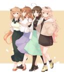  4girls ahoge alternate_costume aqua_skirt black_dress black_footwear blonde_hair blue_eyes blush braid brown_eyes brown_footwear brown_hair buttons closed_mouth dress eyebrows_visible_through_hair flower full_body green_skirt hair_between_eyes hair_flaps hair_ornament hairclip high_heels jacket kantai_collection light_brown_hair long_hair long_sleeves multiple_girls murasame_(kancolle) open_clothes open_jacket open_mouth pantyhose purple_skirt remodel_(kantai_collection) shakemi_(sake_mgmgmg) shigure_(kancolle) shiratsuyu_(kancolle) shoes single_braid skirt smile twintails white_jacket yellow_flower yuudachi_(kancolle) 