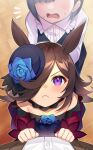  1boy 2girls :&lt; animal_ears blue_flower blue_headwear blue_rose blush brown_hair closed_mouth commentary flower from_above hair_over_one_eye hat highres horse_ears horse_girl katwo kiryuuin_aoi long_hair looking_at_viewer multiple_girls pov purple_eyes rice_shower_(umamusume) rose tears tilted_headwear trainer_(umamusume) umamusume 