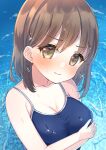  1girl bangs bare_arms bare_shoulders blue_swimsuit blush breasts brown_eyes brown_hair cleavage closed_mouth collarbone commentary_request eyebrows_visible_through_hair hair_between_eyes highres looking_at_viewer medium_breasts one-piece_swimsuit original school_swimsuit solo suzu_(minagi) swimsuit water wet 