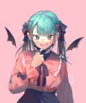  1girl aqua_eyes aqua_hair bangs bat_wings black_bow black_neckwear black_ribbon black_skirt blurry blush bow commentary ear_piercing eyebrows_behind_hair fangs hair_ornament hair_ribbon hatsune_miku heart heart_hair_ornament heart_ring heart_tattoo long_hair long_sleeves looking_at_viewer making-of_available mask mask_pull mini_wings mouth_mask necktie open_mouth piercing pink_background pink_sweater ribbon shijohane simple_background skirt smile solo sweater tattoo twintails upper_body vampire_(vocaloid) vocaloid wings 