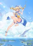  1girl absurdres bag barbara_pegg bare_legs bare_shoulders barefoot bird blue_sky blush bow bowtie cloud cloudy_sky day flower full_body genshin_impact hair_flower hair_ornament hat highres legs open_mouth sailor_hat seagull sky smile swimsuit toes water 