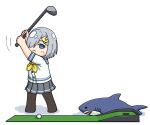  1girl ball black_legwear blue_eyes commentary_request golf golf_ball golf_club grey_sailor_collar grey_skirt hair_ornament hair_over_one_eye hairclip hama!_(3toshinhmkz) hamakaze_(kancolle) holding_golf_club hole kantai_collection neckerchief no_nose pantyhose pleated_skirt sailor_collar school_uniform serafuku short_hair silver_hair simple_background skirt stuffed_animal stuffed_shark stuffed_toy white_background yellow_neckwear 