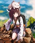  1girl 2ch :3 :o animal_on_head backpack bag bangs black_footwear blush brown_eyes brown_hair climbing commentary day eyebrows_visible_through_hair headgear highres japanese_clothes kimono lamb_(hitsujiniku) long_sleeves looking_away looking_to_the_side obi on_head outdoors parted_lips pleated_skirt purple_skirt ran_pig sash skirt sleeves_past_wrists socks solo tabi touhoku_kiritan voiceroid white_kimono white_legwear wide_sleeves zouri 