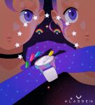  2girls black_choker blue_nails choker constellation copyright_name earrings green_nails highres jewelry klasse14 multiple_girls nam_yungyeong original parted_lips pink_nails purple_eyes purple_hair rainbow star_(symbol) watch wristwatch yellow_nails 