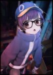  1girl :o absurdres bangs black_border black_legwear blue_jacket blurry blurry_background border box cardboard_box darandy ear_piercing glasses hat high_collar highres jacket long_sleeves looking_at_viewer mole mole_under_mouth open_mouth original piercing purple_hair short_hair solo sweat 