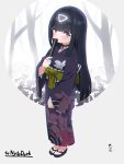  1girl bangs black_choker black_footwear black_hair black_kimono blue_eyes blunt_bangs blush bow brown_bow choker chromatic_aberration closed_fan commentary commission covered_mouth eyebrows_visible_through_hair facial_mark fan folding_fan full_body girls&#039;_frontline grey_background highres holding holding_fan japanese_clothes kimono kuro_kosyou long_hair long_sleeves looking_at_viewer nyto_(girls&#039;_frontline) obi paradeus sash skeb_commission sleeves_past_wrists solo standing very_long_hair wide_sleeves zouri 