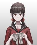  1girl bangs blunt_bangs bow breasts brown_hair bubi_(bin1886) closed_mouth collarbone commentary_request danganronpa_(series) danganronpa_v3:_killing_harmony eyebrows_visible_through_hair gradient gradient_background grey_bow hair_ornament hands_up harukawa_maki highres long_hair long_sleeves looking_at_viewer low_twintails mole mole_under_eye red_eyes red_scrunchie red_shirt sailor_collar school_uniform scrunchie serafuku shiny shiny_hair shirt simple_background solo twintails upper_body 