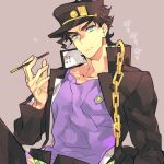  1boy belt black_coat black_hair black_pants chain coat earrings eating food food_on_face gakuran hat holding holding_food jacket jewelry jojo_no_kimyou_na_bouken kujo_jotaro long_coat long_sleeves male_focus pants pocky purple_shirt school_uniform shirt simple_background solo star_(symbol) stud_earrings toujou_sakana 