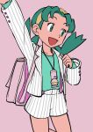  1girl alternate_costume arm_up backpack bag buttons elizabeth_(tomas21) green_eyes green_hair green_shirt happy highres kris_(pokemon) legs pink_background pokegear pokemon pokemon_(game) pokemon_gsc shirt shorts smile striped striped_shirt striped_shorts twintails white_shirt 
