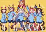  6+girls agnes_digital_(umamusume) alternate_costume animal_ears blush_stickers character_name closed_eyes crossed_arms drooling full_body hair_between_eyes haru_urara_(umamusume) hat horse_ears horse_girl horse_tail kindergarten_uniform kingin long_hair looking_at_viewer lying multiple_girls on_side rice_shower_(umamusume) school_hat short_hair super_creek_(umamusume) tail tamamo_cross_(umamusume) tokai_teio_(umamusume) umamusume yellow_background younger 