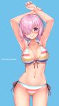  1girl armpits arms_up ass_visible_through_thighs bangs bare_shoulders bikini blush breasts cleavage collarbone fate/grand_order fate_(series) glasses hair_over_one_eye kouzuki_tsubasa_(musou_kaidou) large_breasts light_purple_hair looking_at_viewer mash_kyrielight multicolored multicolored_bikini multicolored_clothes navel purple_eyes rainbow_bikini short_hair smile solo striped striped_bikini swimsuit swimsuit_of_perpetual_summer_ver.02 thighs 