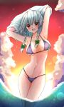  1girl :d alternate_costume armpits arms_up bangs bikini blue_bikini blush braid breasts cleavage cloud collarbone commentary_request dripping evening eyebrows_visible_through_hair eyelashes green_ribbon hair_ribbon highres izayoi_sakuya lips looking_at_viewer medium_breasts medium_hair navel ocean open_mouth red_eyes removing_jacket ribbon silver_hair smile solo sparkle standing stomach swimsuit tanikake_yoku thighs touhou tress_ribbon twin_braids water water_drop wet wet_clothes 