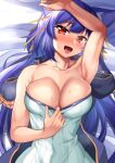  .live 1girl absurdres alternate_breast_size animal_ears armpits bed birotyoutin breasts cleavage collarbone commentary_request dress fang heavy_breathing highres large_breasts looking_at_viewer purple_hair red_eyes rurun_rururica sleeveless solo strapless strapless_dress sweat tongue tongue_out virtual_youtuber wolf_ears 