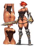  1girl armored_boots ass belt belt_buckle boots buckle dark_skin gauntlets gold gurimjang highres leotard narrow_waist original red_hair shield smile solo sword thighhighs warrior weapon white_background wide_hips yellow_eyes 