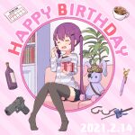  1girl arm_up black_legwear bookshelf box closed_eyes coffee coffee_mug collarbone cup gift gift_box glasses gochuumon_wa_usagi_desu_ka? gun handgun happy_birthday highres holding holding_gift horizontal_stripes indoors legs long_sleeves mohei mug no_shoes open_mouth plant potted_plant purple_hair shirt sitting solo striped striped_shirt stuffed_animal stuffed_bunny stuffed_toy tedeza_rize thighhighs weapon zettai_ryouiki 