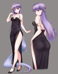  1girl absurdly_long_hair absurdres ass black_dress black_footwear braid breasts commission commissioner_upload covered_navel dress fire_emblem fire_emblem:_the_binding_blade french_braid grey_background hair_ornament hairclip high_heels highres long_hair looking_at_viewer looking_back medium_breasts multiple_views purple_hair rama_(yu-light8) side_slit simple_background smile sophia_(fire_emblem) tight tight_dress very_long_hair 