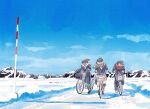  3girls absurdres bicycle black_hair blue_sky ground_vehicle highres long_hair multiple_girls original outdoors ponytail riding_bicycle sawa_(user_uwkv3554) scarf scenery school_uniform sky smile snow winter winter_clothes 