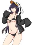  1girl absurdres animal_costume animal_hood bikini black_bikini black_hair blue_eyes breasts collaboration contrapposto cosplay counter_side cowboy_shot fate/grand_order fate_(series) front-tie_bikini front-tie_top groin hand_up highres hood long_hair long_sleeves looking_at_viewer lowleg lowleg_bikini mapyarong medium_breasts meltryllis_(fate) meltryllis_(swimsuit_lancer)_(fate) meltryllis_(swimsuit_lancer)_(fate)_(cosplay) navel penguin_costume penguin_hood rosaria_(counter_side) simple_background sleeves_past_fingers sleeves_past_wrists smile solo standing stomach string_bikini swimsuit thighs white_background 