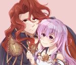  1boy 1girl alvis_(fire_emblem) armor bangs blush cape closed_mouth clothing_cutout father_and_daughter fire_emblem fire_emblem:_genealogy_of_the_holy_war highres ikuradon_tabeti julia_(fire_emblem) long_hair looking_at_another purple_hair red_eyes red_hair shoulder_armor shoulder_cutout simple_background 
