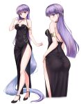  1girl absurdly_long_hair absurdres ass black_dress black_footwear braid breasts commission commissioner_upload covered_navel dress fire_emblem fire_emblem:_the_binding_blade french_braid hair_ornament hairclip high_heels highres long_hair looking_at_viewer looking_back medium_breasts multiple_views purple_eyes purple_hair rama_(yu-light8) side_slit smile sophia_(fire_emblem) tight tight_dress transparent_background very_long_hair 