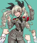  1girl :d anchovy_(girls_und_panzer) anzio_military_uniform aqua_background belt black_shirt dress_shirt drill_hair girls_und_panzer grey_hair grey_jacket grey_pants hands highres jacket long_hair long_sleeves military military_uniform necktie open_mouth pants pink_eyes sam_browne_belt shirt simple_background smile solo_focus teeth twin_drills uniform whip yamashita_shun&#039;ya 