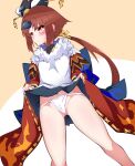  :/ ass_visible_through_thighs bangs bare_legs benienma_(fate) blush bright_pupils cameltoe closed_mouth clothes_lift commentary_request embarrassed fate/grand_order fate_(series) fundoshi hat highres japanese_clothes kakihou kimono legs_apart lifted_by_self looking_at_viewer low_ponytail navel panties parted_bangs partially_visible_vulva red_eyes red_hair red_kimono skirt skirt_lift standing sweatdrop tokin_hat underwear white_panties white_pupils 