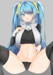  1girl ass black_legwear black_panties black_shirt blue_eyes blue_hair breasts cameltoe crop_top crop_top_overhang grey_background hair_ornament hand_up large_breasts league_of_legends long_hair long_sleeves looking_at_viewer mapyarong midriff navel open_mouth panties shirt simple_background solo sona_buvelle spread_legs stomach thighhighs thighs twintails underboob underwear very_long_hair 