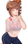  1girl ahoge arm_behind_back bike_shorts black_shorts brown_hair closed_mouth cowboy_shot drill_hair eyebrows_visible_through_hair finger_to_mouth hair_ribbon idolmaster idolmaster_million_live! kamille_(vcx68) looking_at_viewer midriff navel one_eye_closed orange_ribbon pink_sports_bra purple_eyes ribbon see-through shirt shorts shushing side_drill side_ponytail simple_background single_vertical_stripe smile solo sports_bra standing tied_shirt white_background white_shirt yokoyama_nao 