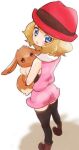  1girl black_legwear blonde_hair blue_eyes chorimokki eevee gen_1_pokemon hat looking_at_viewer open_mouth pokemon pokemon_(anime) pokemon_(creature) pokemon_(game) pokemon_xy serena_(pokemon) short_hair skirt sleeveless thighhighs 