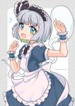  1girl absurdres adapted_costume alternate_costume apron black_neckwear blue_eyes blush bow bowtie commentary_request dress enmaided flying_sweatdrops green_dress grey_hair hands_up highres konpaku_youmu konpaku_youmu_(ghost) maid maid_day maid_headdress open_mouth short_hair short_sleeves solo suguharu86 touhou twitter_username wrist_cuffs 