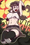  1girl abs baseball_cap belt black-framed_eyewear breasts brown_eyes brown_hair crop_top english_text explosion fio_germi glasses hat highres jumping long_hair masgamjya metal_slug midriff open_mouth ponytail short_shorts shorts skindentation solo toned underboob 