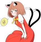  1girl :/ animal_ear_fluff animal_ears blush breasts brown_eyes brown_hair cat_ears cat_tail chen dress earrings embarrassed highres jewelry leaning_forward medium_breasts multiple_tails nekomata no_hat no_headwear red_dress shiisuu_rattamu short_hair simple_background single_earring solo spoken_squiggle squiggle tail touhou two_tails v_arms white_background 