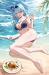  1girl :d absurdres ass bare_arms bare_legs bare_shoulders barefoot beach bikini black_hairband blue_bikini blue_eyes blue_hair blush breasts collarbone earrings eula_lawrence food food_request genshin_impact hair_ornament hairband highres jewelry large_breasts long_hair looking_at_viewer lying ocean on_side open_mouth pulled_by_self smile solo stomach strap_pull stud_earrings swimsuit thighs water yiran 