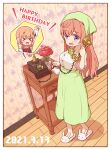  &gt;_&lt; 2021 2girls arm_up blush calling cellphone dated flip_phone flower gochuumon_wa_usagi_desu_ka? green_skirt highres hoto_cocoa hoto_mocha indoors light_brown_hair long_skirt long_sleeves mohei multiple_girls open_mouth phone plant potted_plant purple_eyes rabbit_house_uniform red_flower short_sleeves skirt slippers standing table wallpaper_(object) wooden_floor 