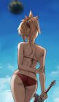  1girl arms_behind_back ass bikini blonde_hair blue_sky cloud day fate/apocrypha fate_(series) food from_behind fruit hand_on_own_arm highres holding holding_sword holding_weapon mordred_(fate) mordred_(fate)_(all) narrow_waist outdoors ponytail red_bikini short_hair sky solo swimsuit sword tonee watermelon weapon 